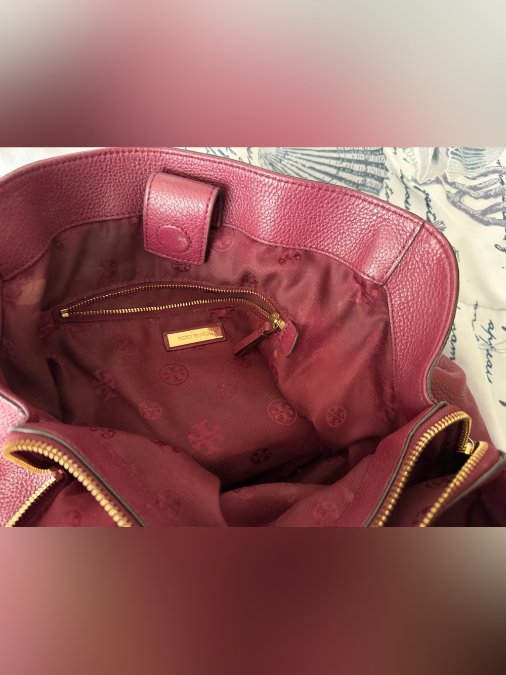 Tory Burch Pebbled Leather Shoulder Bag in Burgundy - Picture 3 of 12
